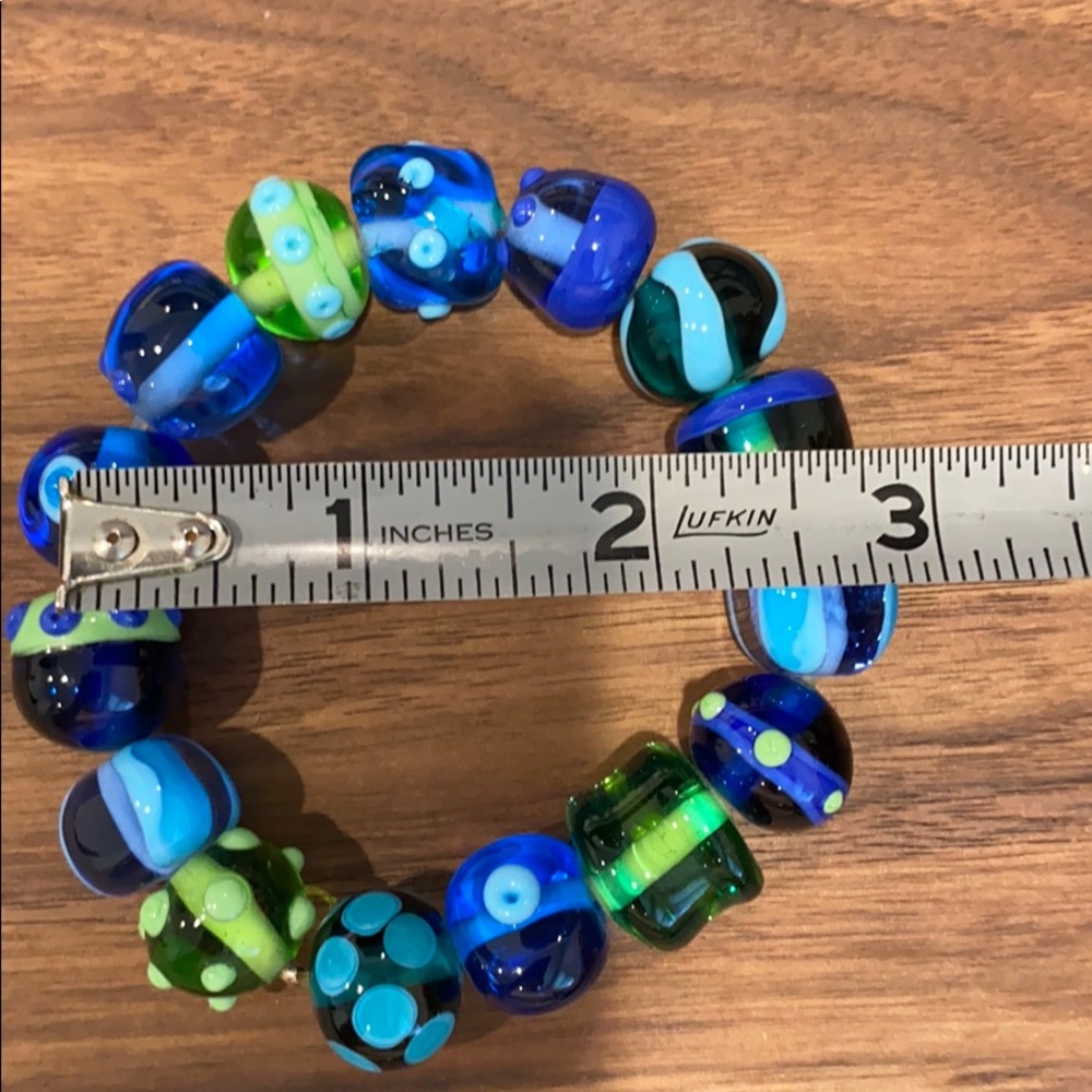 Boho Blue Green Art Glass Bead Bracelet. Stretches - Picture 4 of 5
